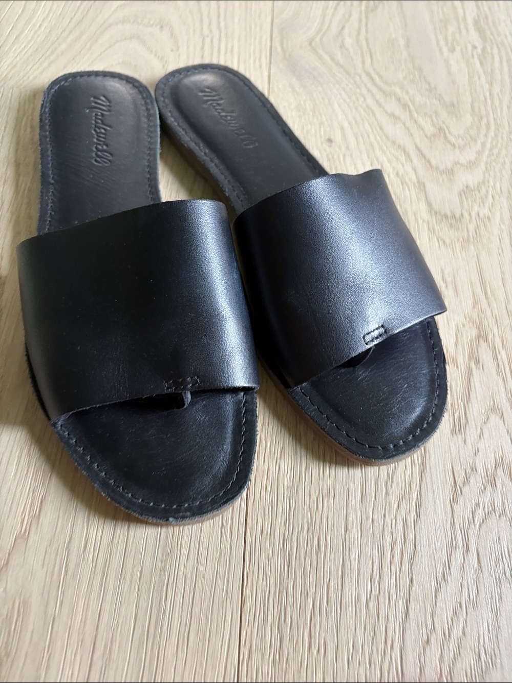 Madewell Black Leather Wide-Strap Slide Sandals